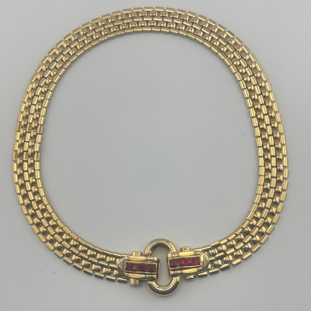 Vintage GIVENCHY Gold Tone Necklace With track link ruby Crystal